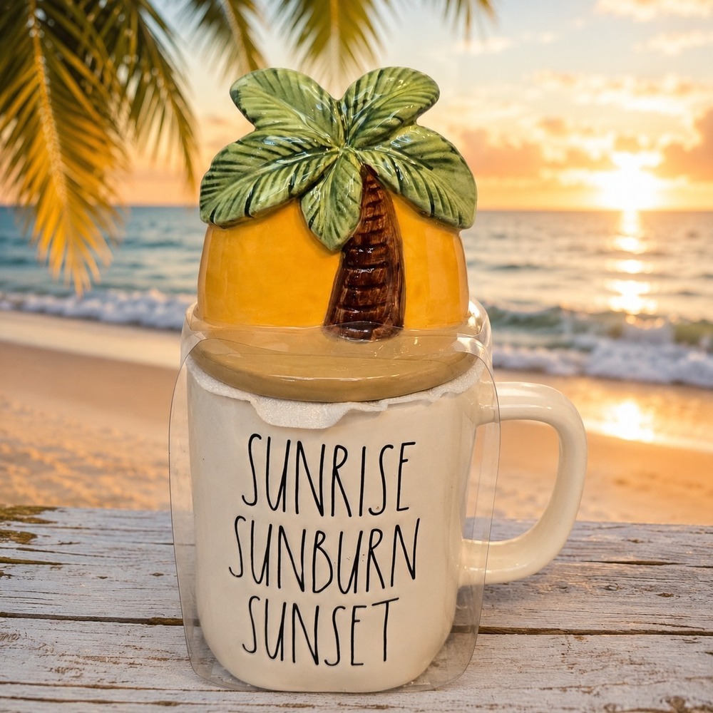 Rae Dunn SUNRISE SUNBURN SUNSET Coffee Mug Cup Palm Tree Topper Brand NEW Sealed